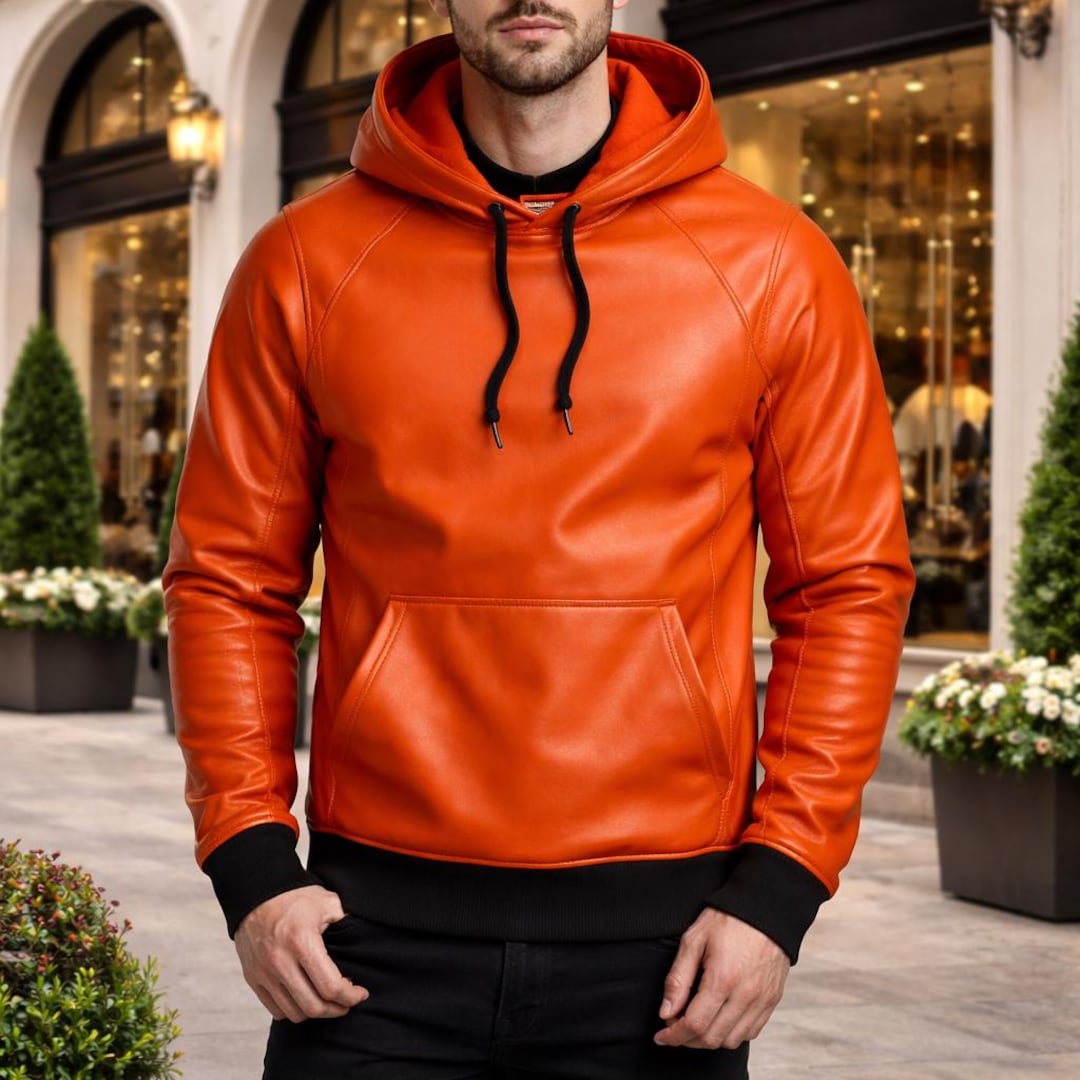 Orange Leather Hoodie for Men - Pullover Hoodie Jacket – Men's