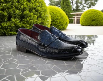 Navy Blue Crocodile Embossed Leather Penny Loafers: Handmade Men's Blue Dress Shoes