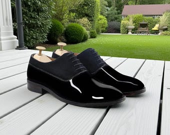 Oxford Black Suede & Patent Leather Dress Shoes for Men – Handmade Luxury Wedding Shoes
