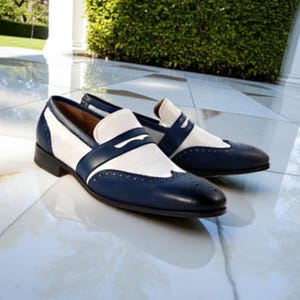 Stylish White and Blue Slip on Leather Penny Loafers for Men Brogue Shoes, Men&#39;s Designer Shoes
