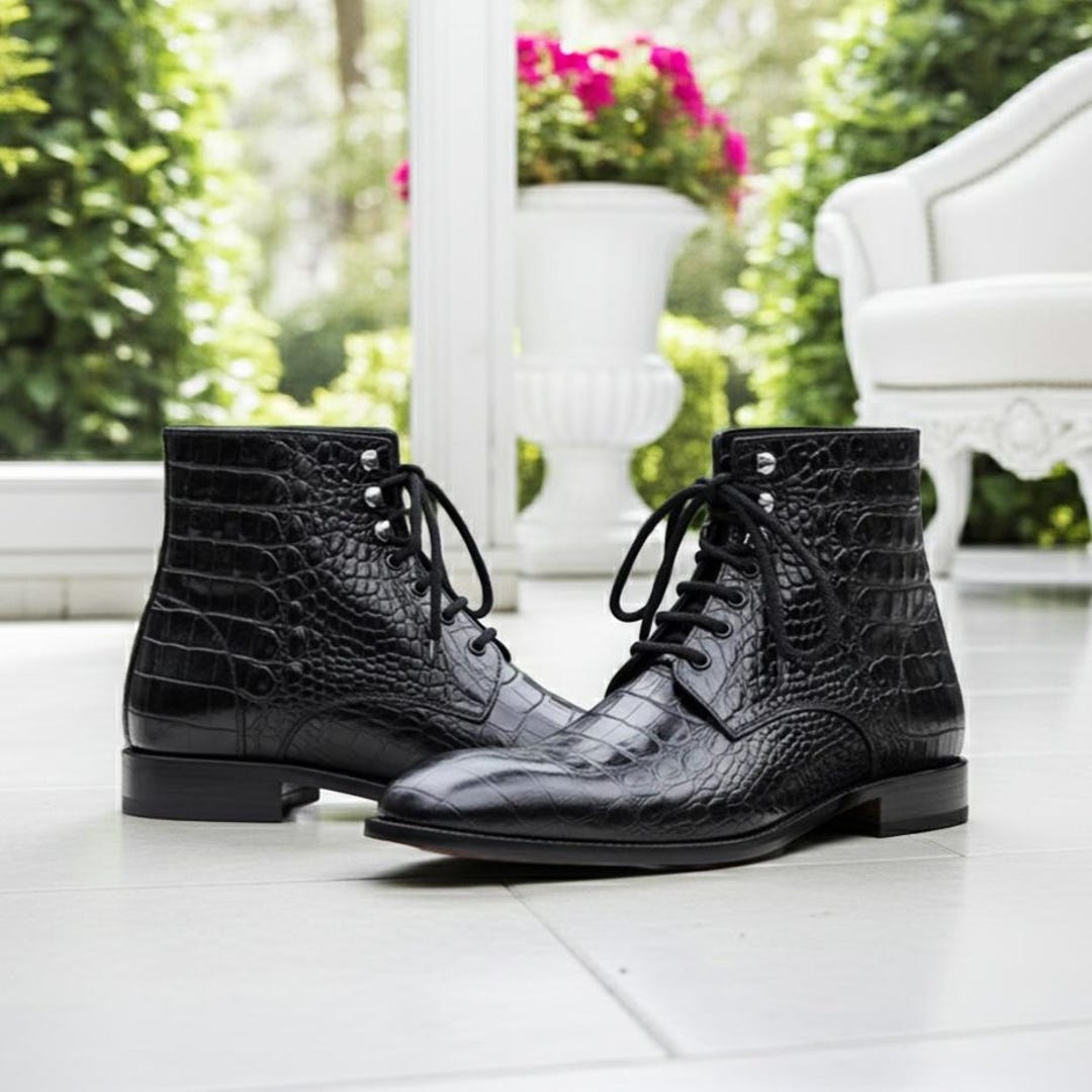 Handmade Black Alligator Texture Leather Dress Boots for Men Luxury Formal Boot Handmade Black Alligator Texture Leather Dress Boots for Men Luxury Formal Boot