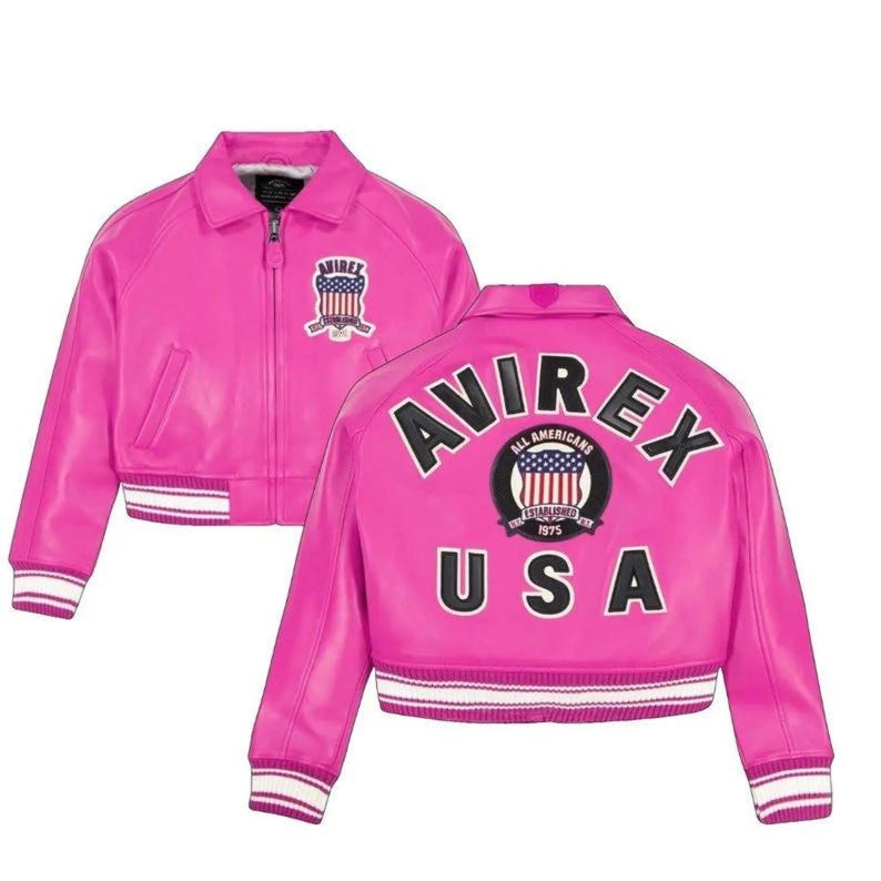 May include: A bright pink leather jacket with a bomber-style design. The jacket features a ribbed collar, cuffs, and hem with white stripes. The back of the jacket displays the text "AVIREX USA" and a patch with the American flag.