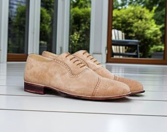 Oxford Lace Up Formal Dress Shoes - Beige Brown Suede Cap Toe Brogue Shoes