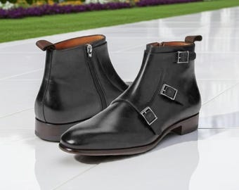Men's Black Leather Monk Strap Dress Boots: High Ankle Formal Boots