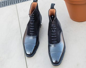 Men's Black Suede & Patent Leather Dress Boots - High Ankle Lace-Up Formal Boot