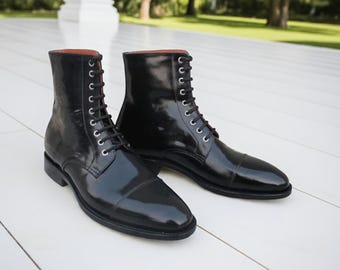 Black Patent Leather Dress Boots for Men - Handmade High Ankle Lace-up Boots