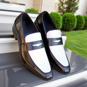 Handmade Leather White and Black Penny Loafers for Men Slip on Party Wear Fashion Shoes, Men&#39;s Dress Shoes