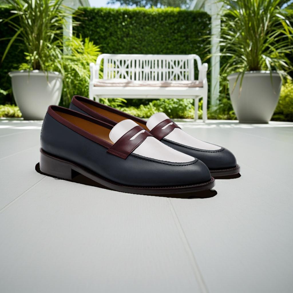 Stylish Brown, White and Blue Penny Loafers Leather Slip-on  display picture 2