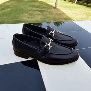 Men&#39;s Black Buckle Loafers Slip on Leather Shoes Handmade Leather Dress Shoes
