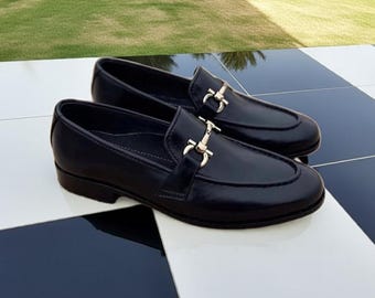 Handmade Black Leather Horsebit Loafers: Men's Slip on Dress Shoes