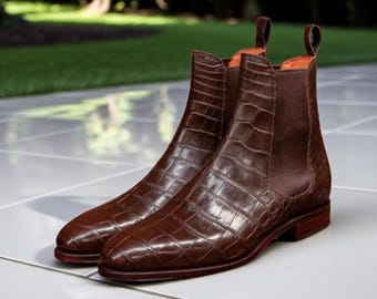 Brown Crocodile Texture Chelsea Boots for Men: High Ankle Leather Dress Boots