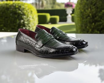 Green Crocodile Embossed Leather Penny Loafers: Handmade Men's Green Dress Shoes