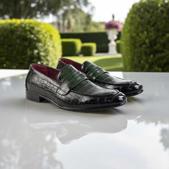 Green Crocodile Embossed Leather Penny Loafers: Handmade Men's Green Dress Shoes