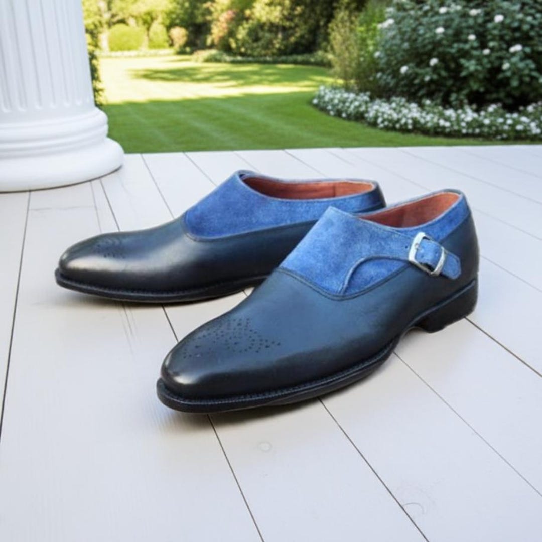 Handmade Navy Leather & Suede Monk Strap Dress Shoes - Men Formal Shoes