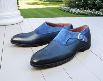 Handmade Navy Leather & Suede Monk Strap Dress Shoes - Men Formal Shoes