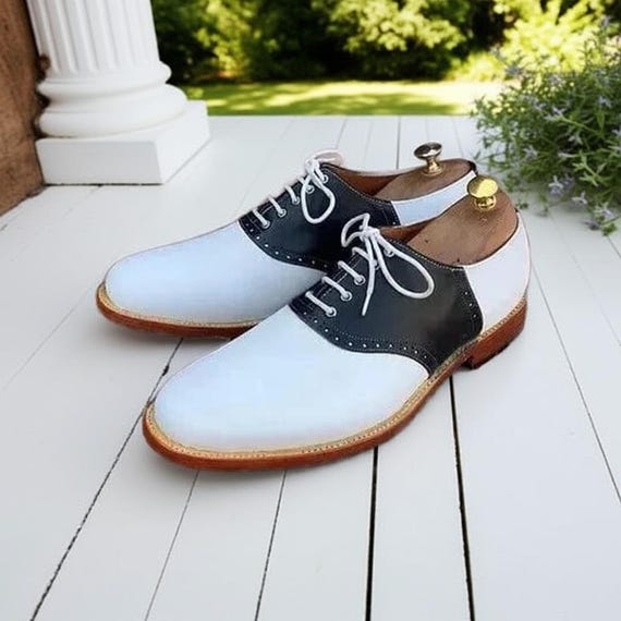 Men’s Two-Tone Leather Saddle Oxfords in White and Brown Outfit White And Brown Dress Shoes Men main image 2