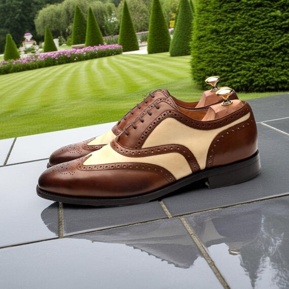New Men Dress Shoes Wingtip Oxford 2-tone Leather Lined Lace Up Dress Tuxedo Tan Buy Ross Tan & Cream Leather Oxford Wingtip Shoes | Ross  main image 4