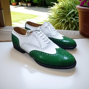 Stylish White and Green Wingtip Brogue Shoes for Men Handmade Leather Dress Shoes, Men&#39;s Lace Up Formal Wedding Shoes