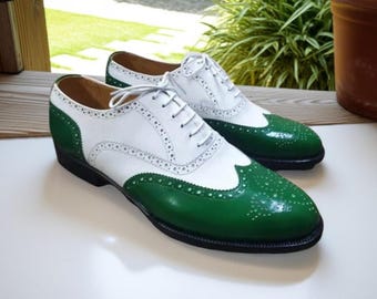 Handmade Leather Wingtip Brogue Wedding Shoes for Men White & Green Formal Dress Shoes