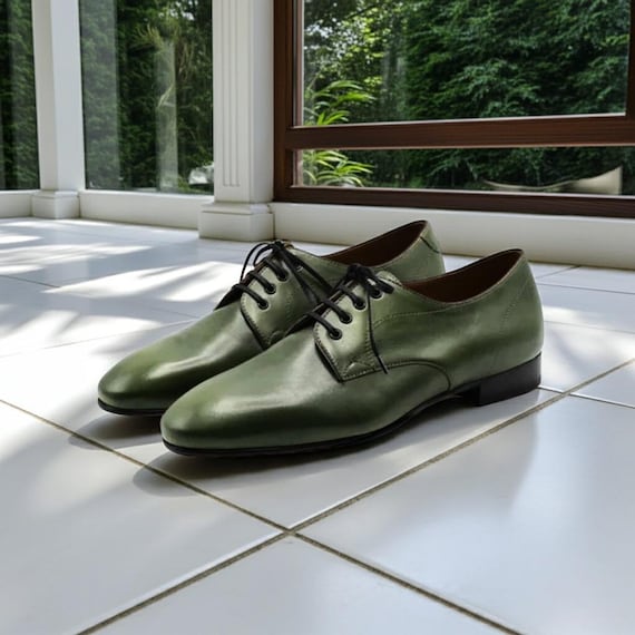 Handmade Green Leather Oxford Dress Shoes: Formal Wedding Shoes for Men