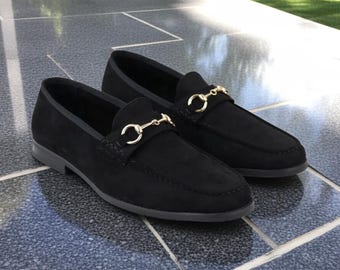 Handgefertigte schwarze Wildleder Horsebit Loafers: Herren Leder Slip-On Abendschuhe