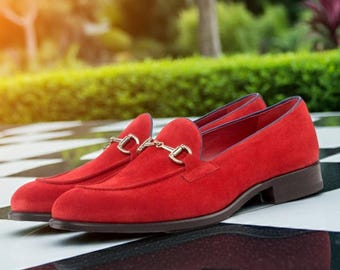 Stylish Red Suede Leather Horsebit Loafers: Men's Buckle Slip-On Shoes