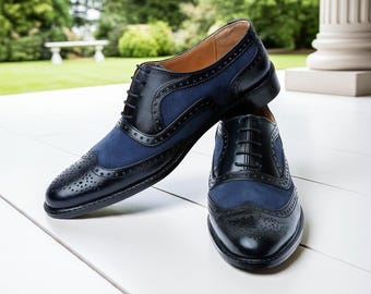 Zapatos brogue de cuero negro y ante azul marino hechos a mano - Zapatos de vestir formales para hombre