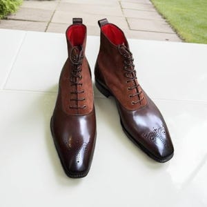 Stylish Tan Suede Brown Leather Brogue Toe Boots for Men High Ankle Leather Dress Boots