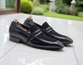 Men's Black Suede Leather Loafers: Handmade Slip-On Moccasins