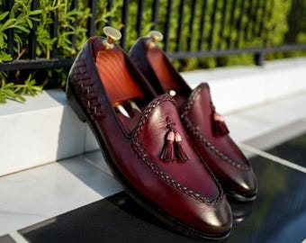 Handmade Burgundy Leather Tassel Loafers: Men's Slip-On Dress Shoes Handmade Burgundy Leather Tassel Loafers: Men's Slip-On Dress Shoes