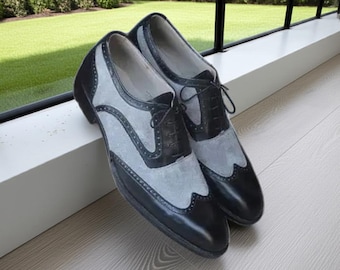 Handmade Two-Tone Wingtip Brogue Shoes: Men's Black & Gray Suede Dress Shoes