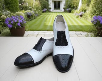 Zweifarbige Leder Oxford Kleid Schuhe: Schwarz & Weiß Cap Toe Brogue Schuhe