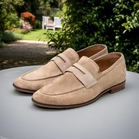 Beige Suede Penny Loafers Leather Slip-On Dress Shoes for Men