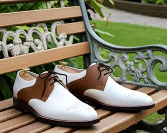 Men's Brown & White Lace Up Brogue Shoes - Handmade Leather Formal Dress Shoes