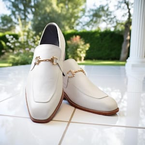 Stylish White Slip on Leather Buckle Loafers for Men White Tuxedo Shoes, White Dress Shoes