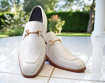 White Leather Buckle Loafers Leather Slip Ons: Men's Tuxedo Dress Shoes -  Etsy