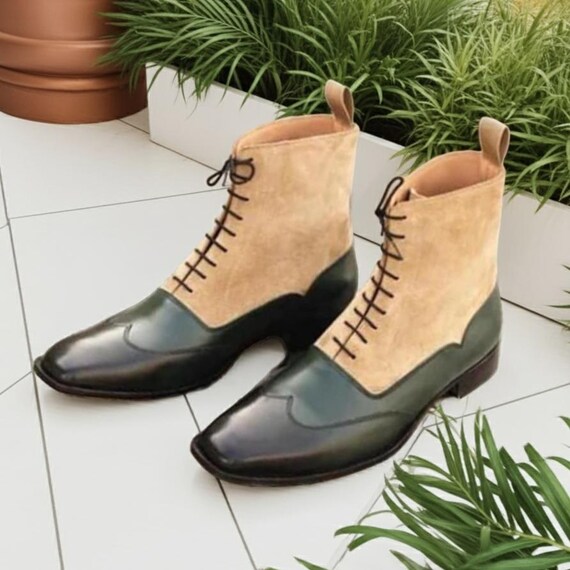 Handmade Green Leather & Tan Suede Dress Boots for Men Formal Wedding Boots
