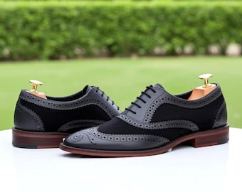 Men's Black Suede Leather Wingtip Brogue Shoes - Handmade Formal Dress Shoes
