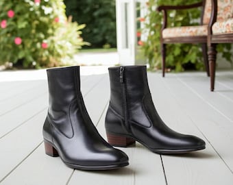 Black Leather Ankle Boots for Women - Side Zipper High Heel Booties