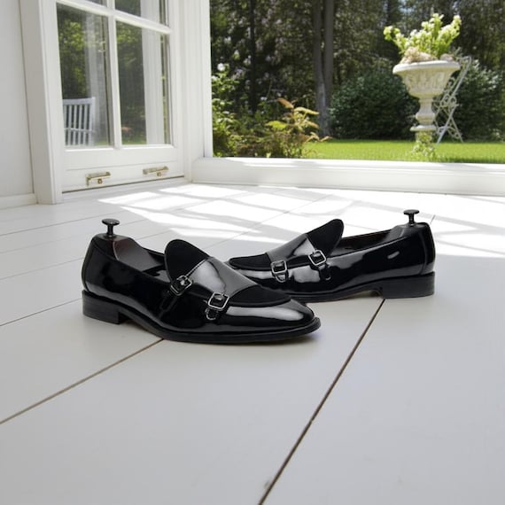mens black dress shoes with silver buckle Handmade Black Leather Suede Double Monk Slip-on Shoes for Men Dress Shoes