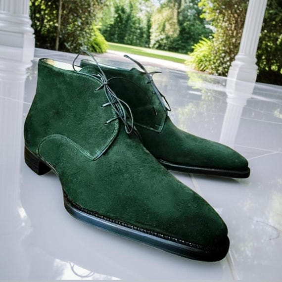 Handmade Green Suede Chukka Boots for Men: Leather Ankle Dress Boots Handmade Green Suede Chukka Boots for Men: Leather Ankle Dress Boots