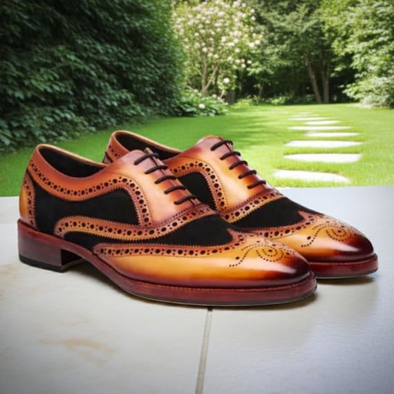 Handmade Tan Brown & Black Suede Leather Brogue Shoes  display picture 2