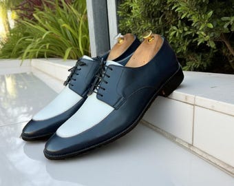Zapatos Derby de piel bicolor hechos a mano: zapatos de vestir blancos y azul marino para hombre