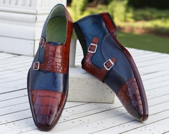 Crocodile Embossed Double Monk Shoes: Two-Tone Leather Dress Shoes for Men