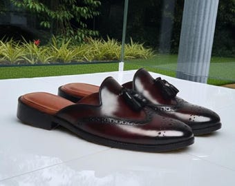 Brown Wingtip Tassel Mules – Handmade Slip-On Leather Loafers – Men's Luxury Slippers