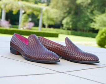 Handmade Woven Leather Loafers for Men: Brown Slip-On Dress Shoes