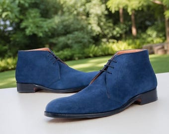 Navy Blue Genuine Suede Pure Handmade Ankle High Chukka  display picture 1