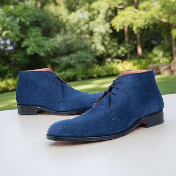 Blue Suede Chukka Boots for Men: Handmade Leather Ankle Boots Blue Suede Chukka Boots for Men: Handmade Leather Ankle Boots