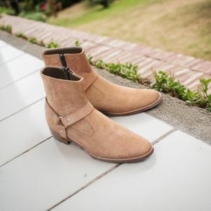 Western Tan Brown Suede Leather High Ankle Boots for Men Side Zipper Cowboy Leather Boots, Men&#39;s High Heel Long Boots