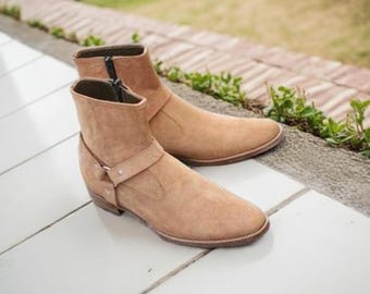 Tan Suede Western Cowboy Boots: Brown High Heel Ankle Leather Boots
